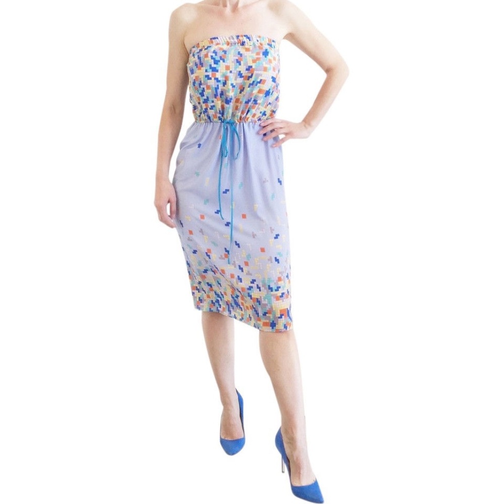 clover canyon • tetris strapless blue drawstring empire waist dress swim coverup
